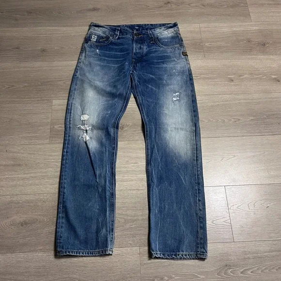 Y2K G Star RAW Attacc Low Straight Jeans Blue Distressed Denim Jeans Size 30